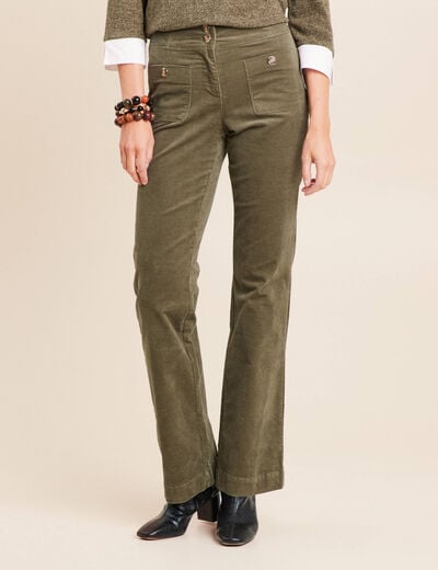 Pantalon bootcut taille haute velours vert kaki femme