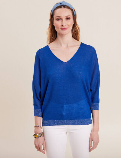 Pull manches longues col en V bleu electrique femme