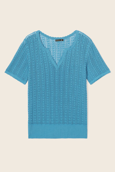 Pull manches courtes ajouré bleu femme