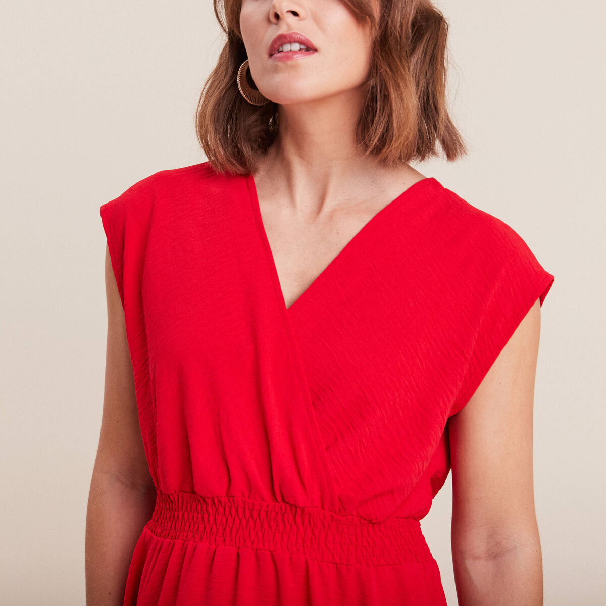 Robe évasée taille smockée rouge femme