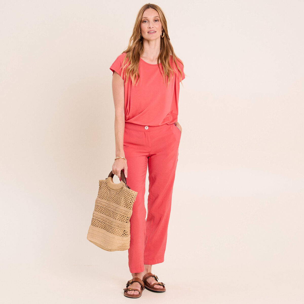 Pantalon chino large 7/8&egrave;me rouge femme