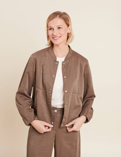 Blouson boutonné satin taupe femme