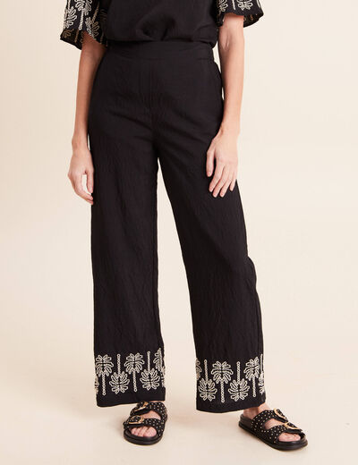 Pantalon large 7/8&egrave;me taille haute noir femme