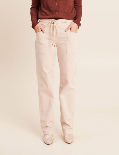 Pantalon taille haute coupe droite denim beige femme