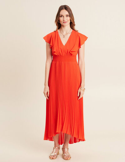 Robe longue évasée à volants orange foncé femme
