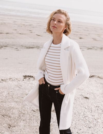 Gilet long boutonn&eacute; ecru femme