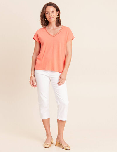 T-shirt col v manches courtes aspect lin orange fluo femme