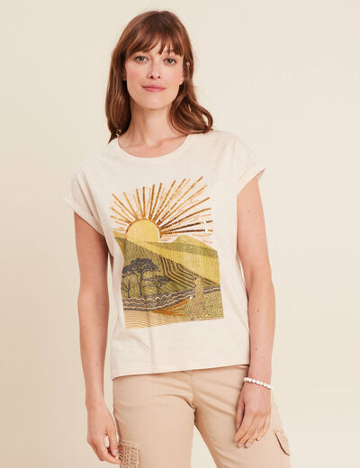 T-shirt manches courtes perles sable femme