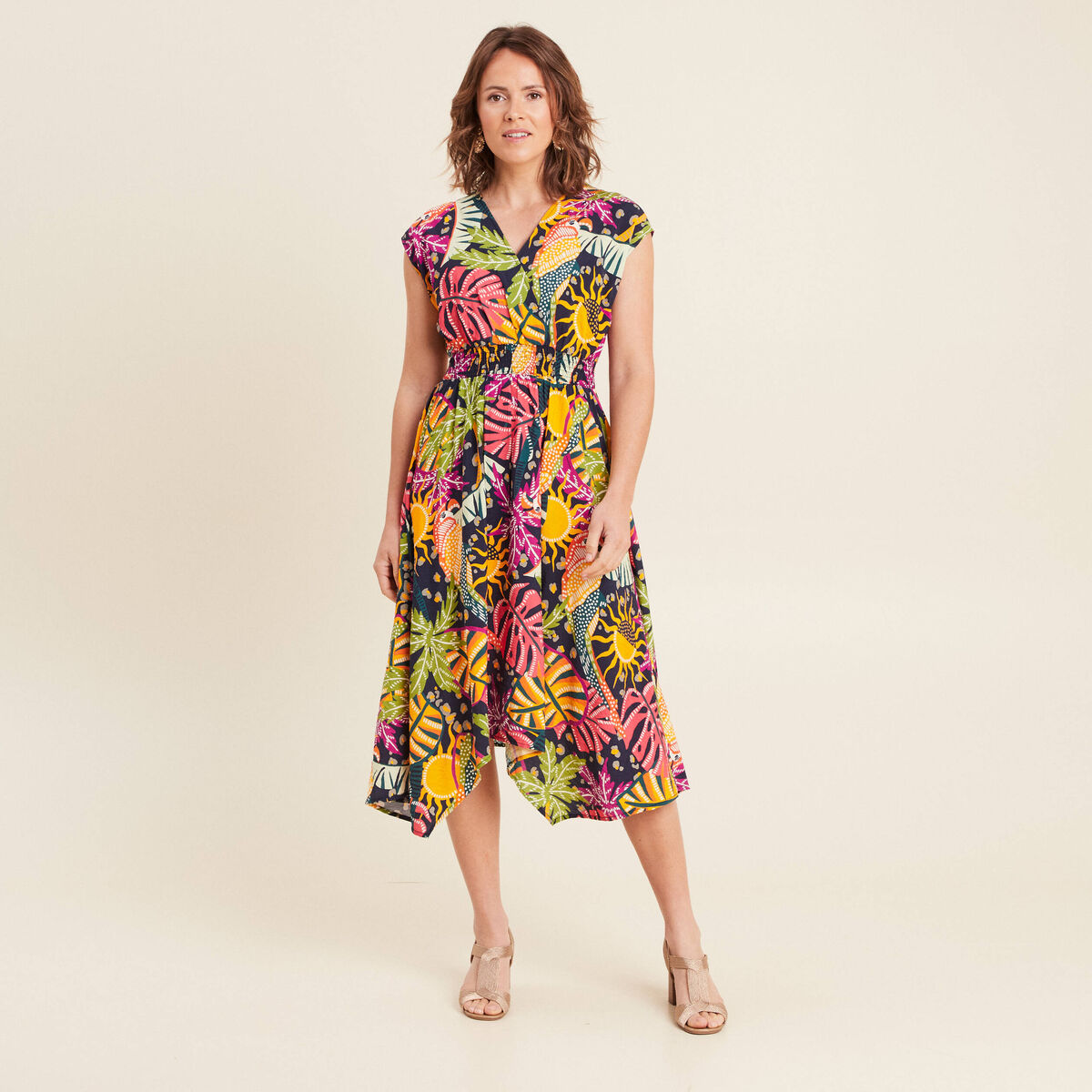Robe longue évasée sans manches multicolore femme