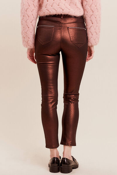Pantalon ajusté aspect irisé marron foncé femme