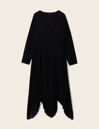 Robe longue évasée plissée noir femme