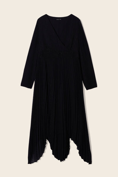 Robe longue évasée plissée noir femme