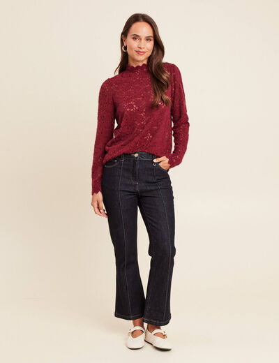 T-shirt cintr&eacute; col montant dentelle bordeaux femme