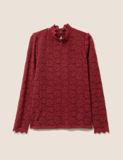 T-shirt cintr&eacute; col montant dentelle bordeaux femme