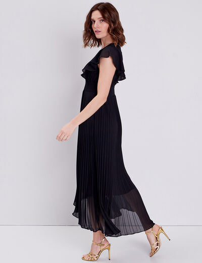 Robe longue évasée à volants noir femme
