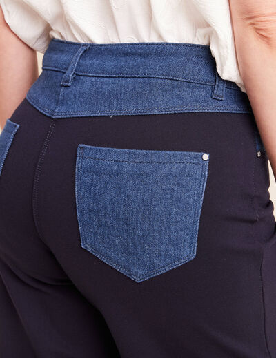 Pantalon large bi-mati&egrave;re bleu fonc&eacute; femme