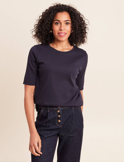 T-shirt ajust&eacute; col rond manches coudes bleu fonc&eacute; femme