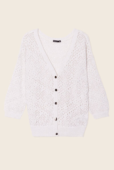 Gilet boutonné ajouré ecru femme