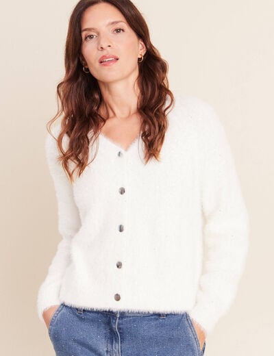 Gilet col V &agrave; sequins ecru femme
