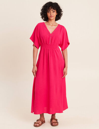 Robe longue &eacute;vas&eacute;e col v manches coudes rose fushia femme