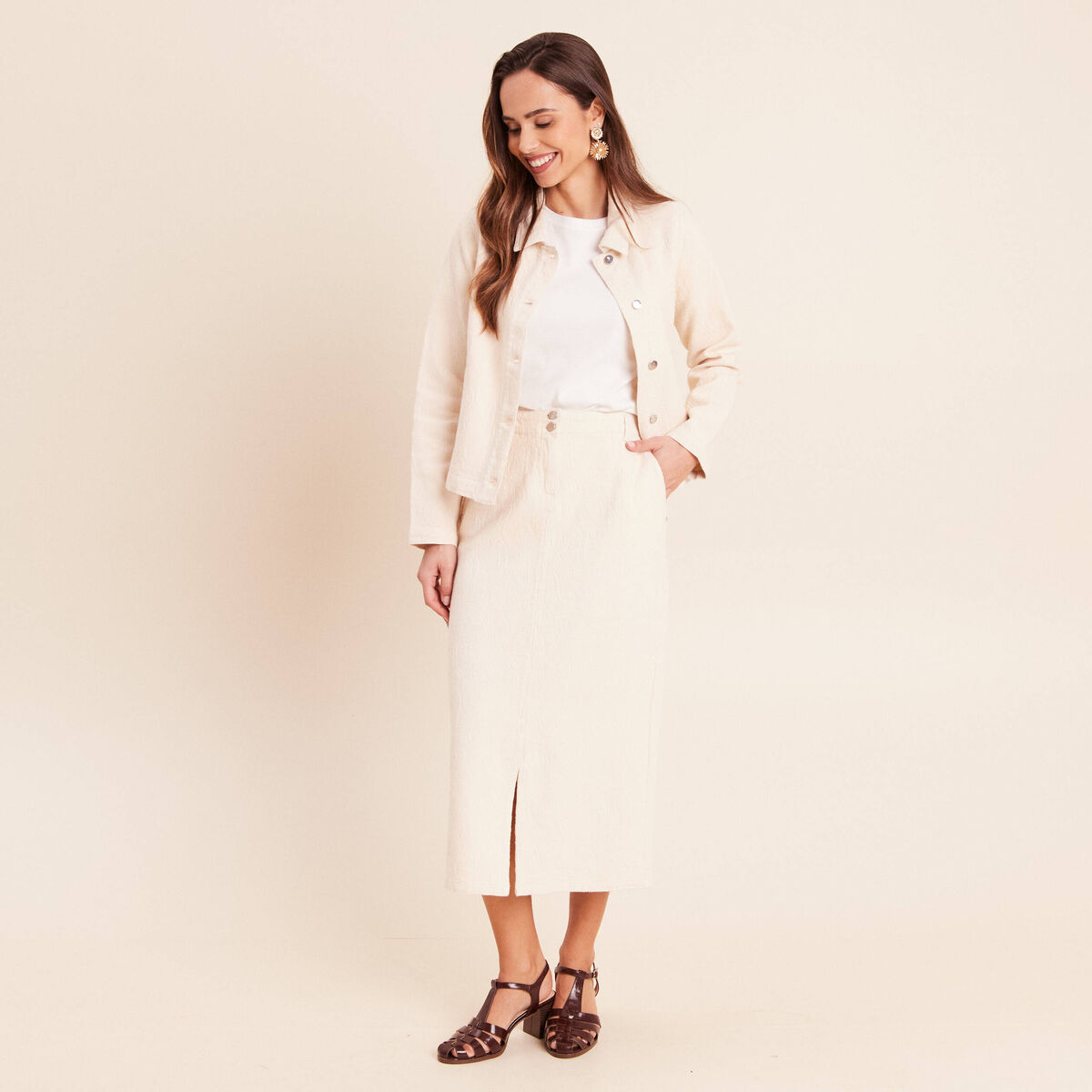 Jupe en coton taille standard ivoire femme