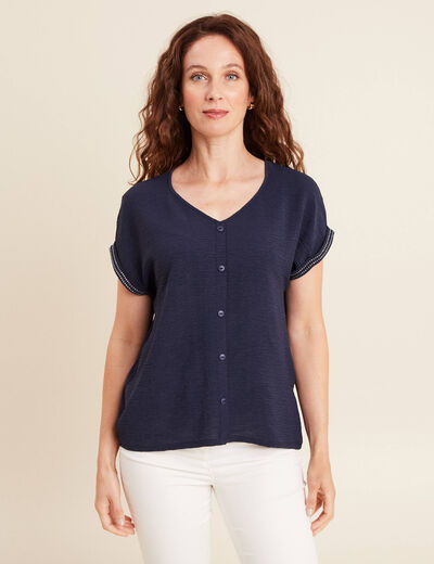 Blouse col v manches courtes bleu foncé femme