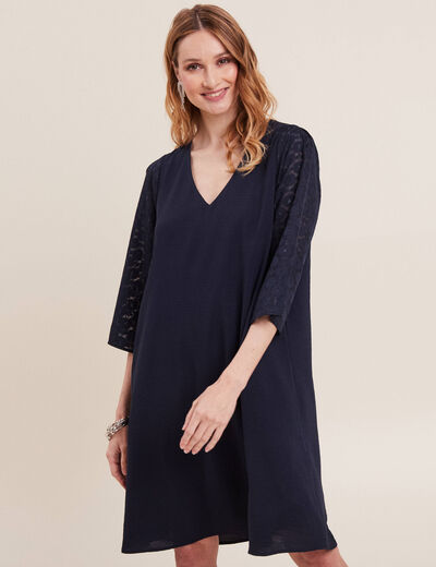 Robe évasée manches 3/4 bleu marine femme