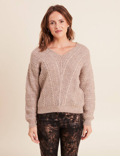 Pull col V manches longues taupe femme