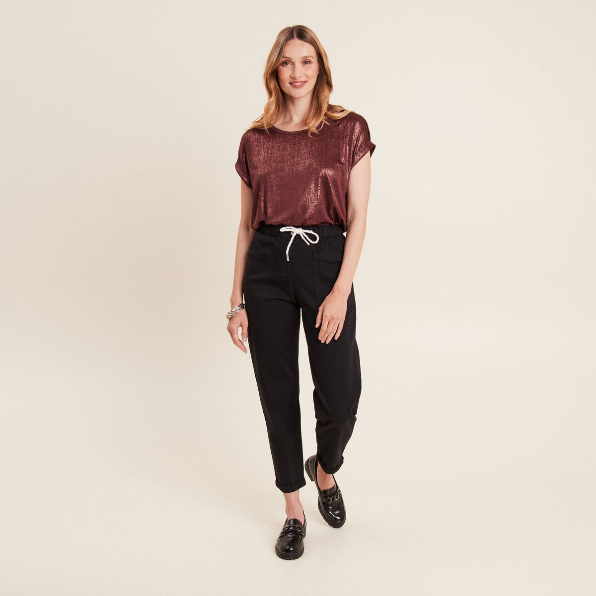 Pantalon coupe droite à coulisse noir femme