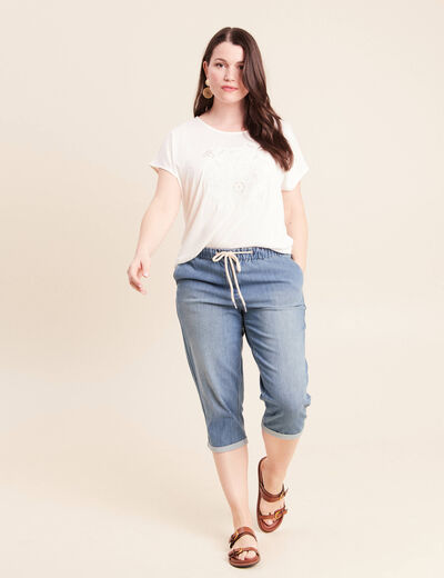 T-shirt col rond manches courtes brod&eacute; ecru femme