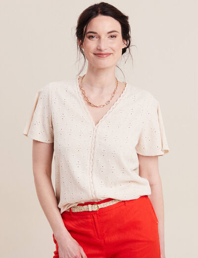 Blouse manches courtes brodée ivoire femme