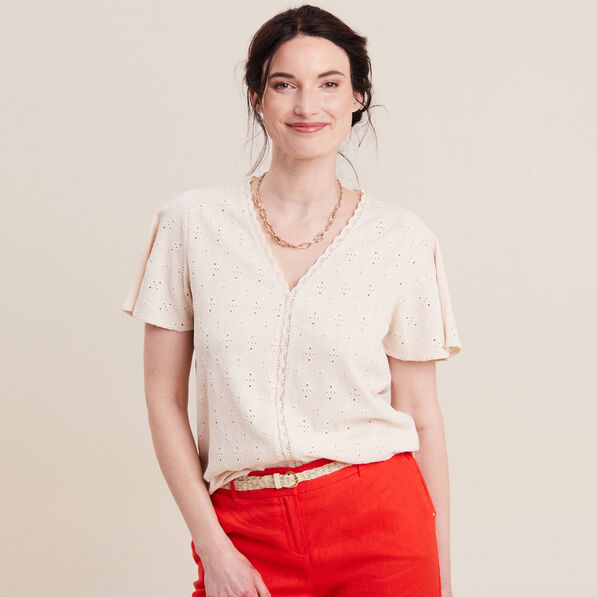 Blouse manches courtes brodée ivoire femme