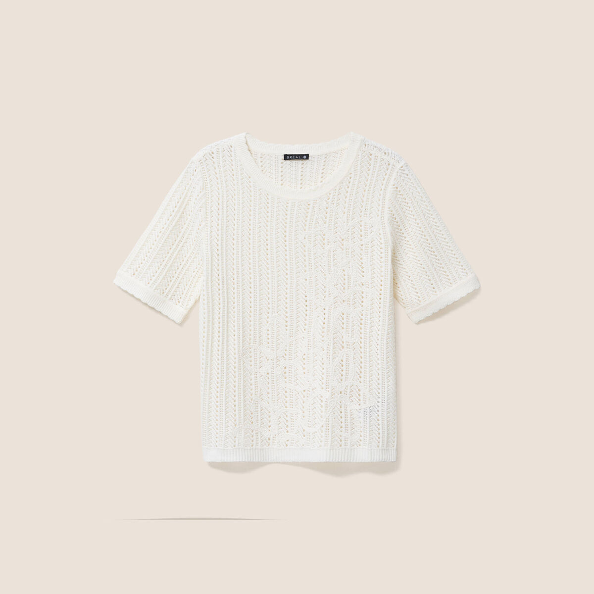 Pull ajour&eacute; col rond ecru femme