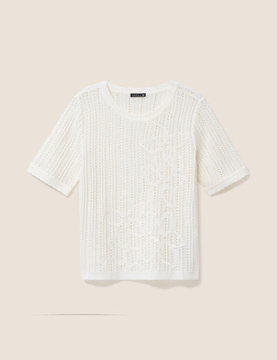 Pull ajour&eacute; col rond ecru femme