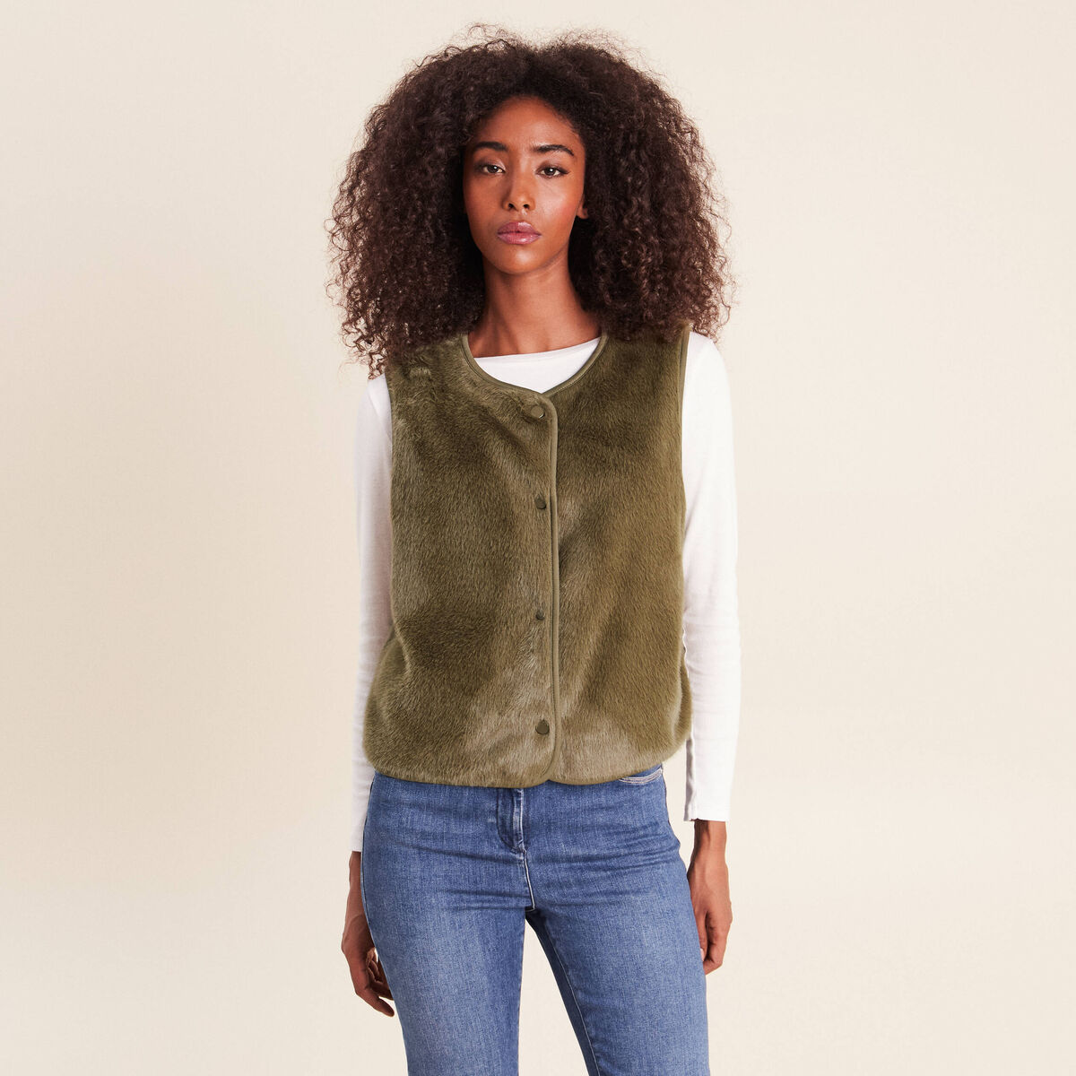 Gilet droit sans manches fausse fourrure vert kaki femme