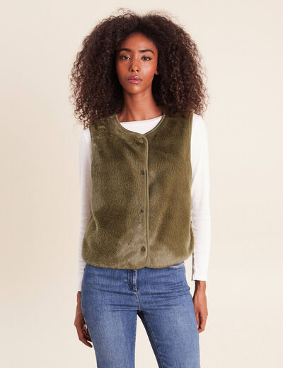 Gilet droit sans manches fausse fourrure vert kaki femme