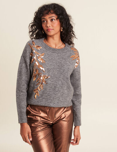 Pull manches longues sequins gris foncé femme