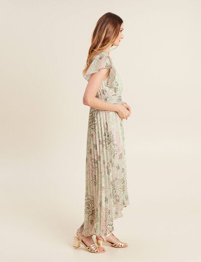 Robe longue évasée plissée vert clair femme