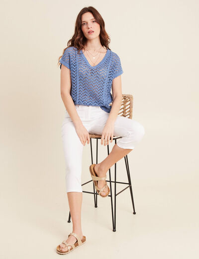 Pull manches courtes ajouré bleu ciel femme
