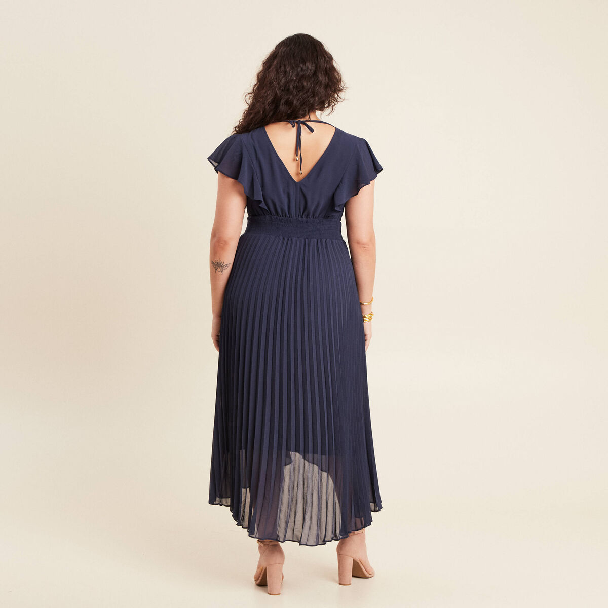 Robe longue évasée à volants bleu marine femme