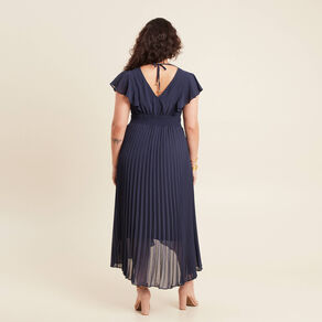 Robe longue évasée à volants bleu marine femme
