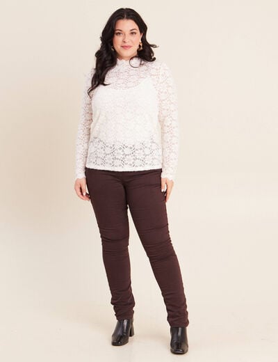 T-shirt cintr&eacute; col montant dentelle ecru femme