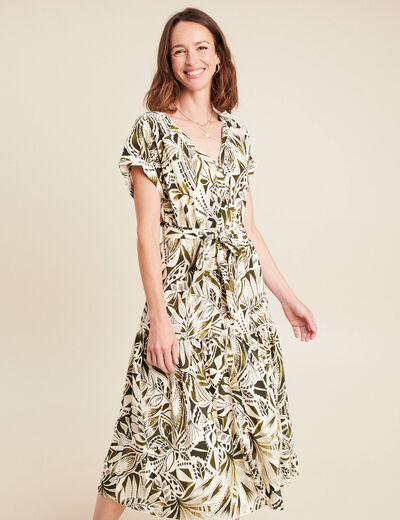 robe longue évasée col v manches courtes vert femme