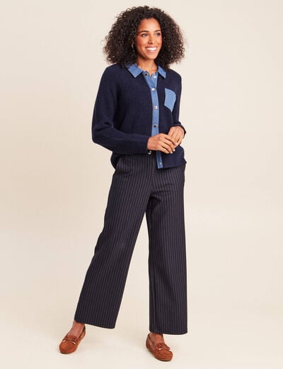 Veste col chemise manches longues bleu fonc&eacute; femme
