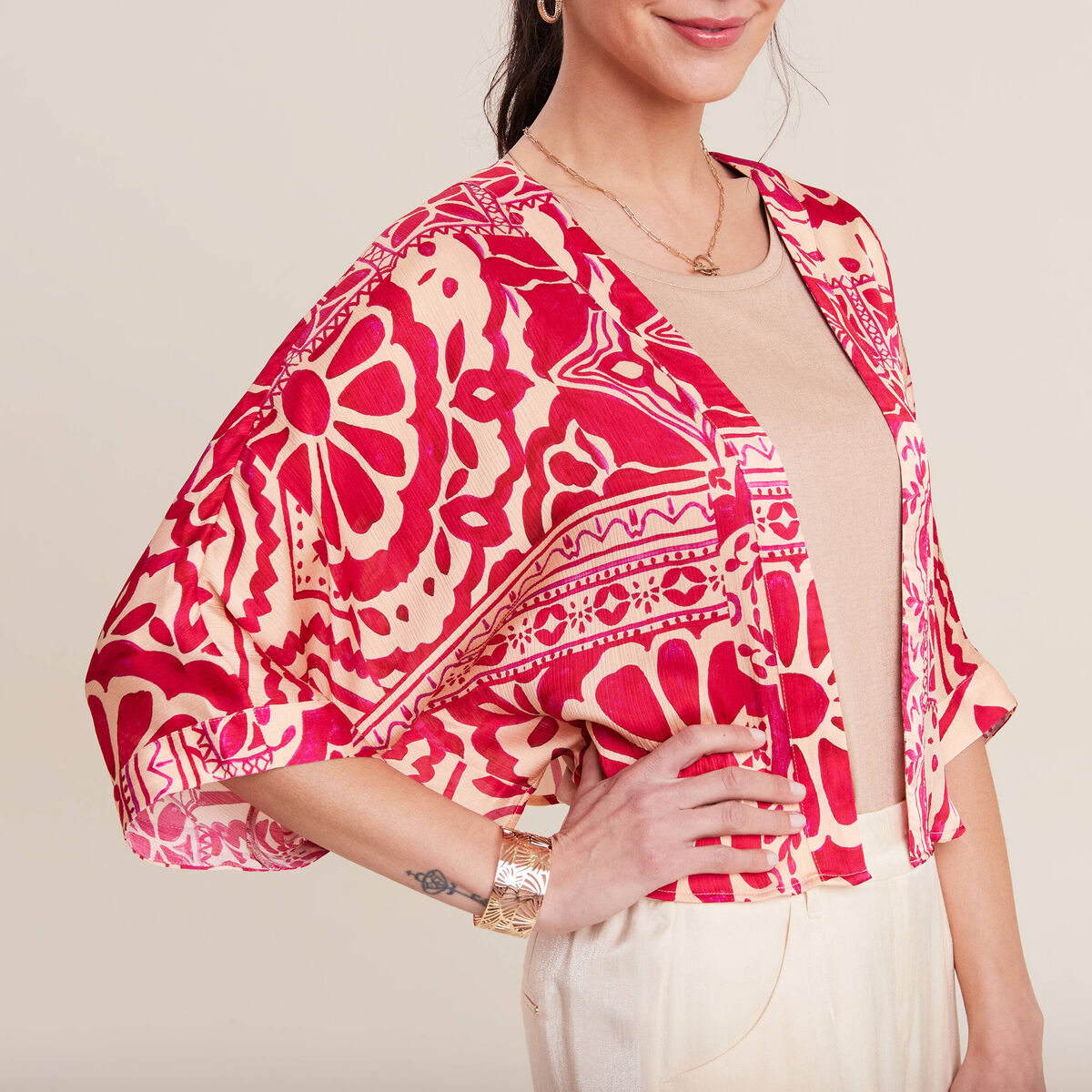 Kimono imprim&eacute; rose fushia femme