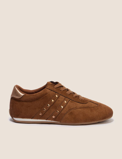 Basket semelle fine aspect daim marron fonc&eacute; femme