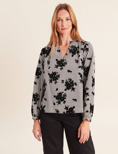 Blouse col v manches longues bleu femme