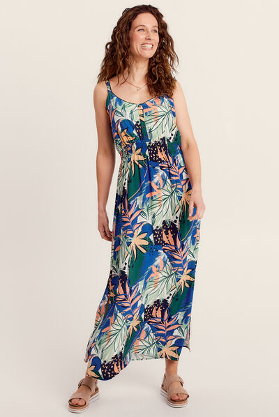 Robe longue évasée à bretelles bleu femme