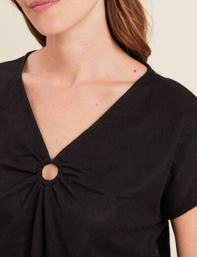 Top col V manches courtes noir femme