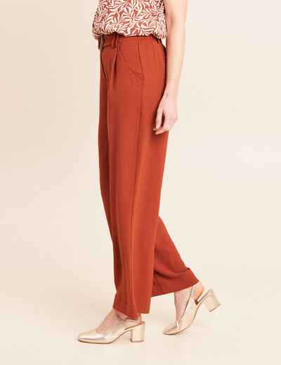 Pantalon large taille haute fluide marron fonc&eacute; femme